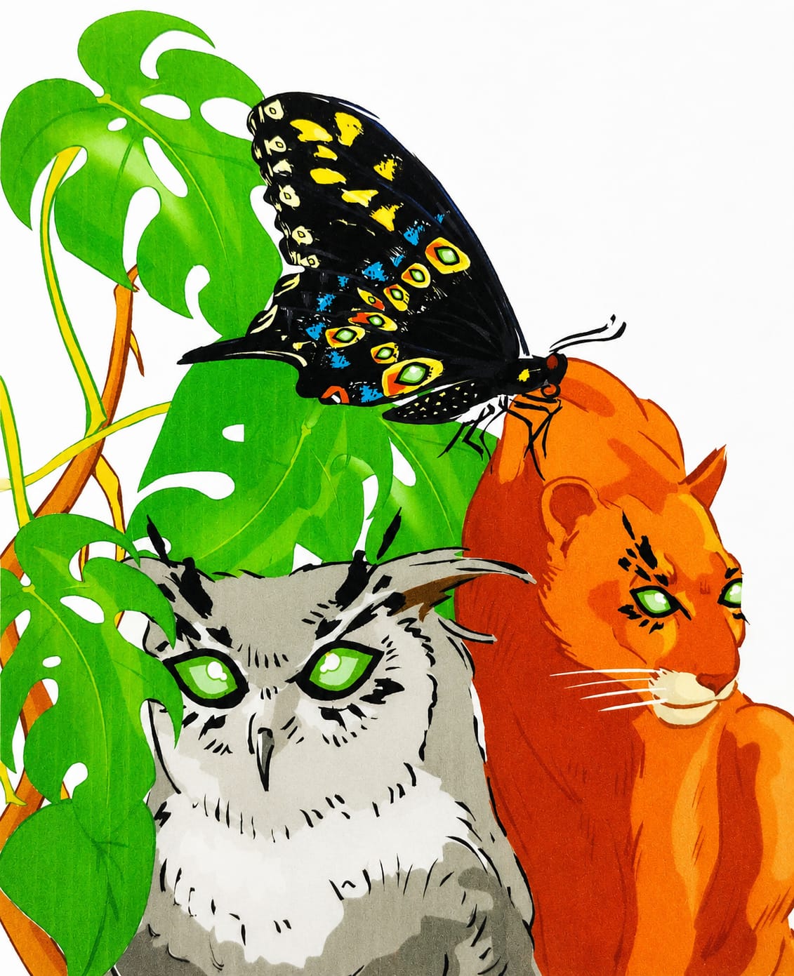 Ilustración de un felino, una lechuza y una mariposa de la selva misionera, los tres con ojos verdes